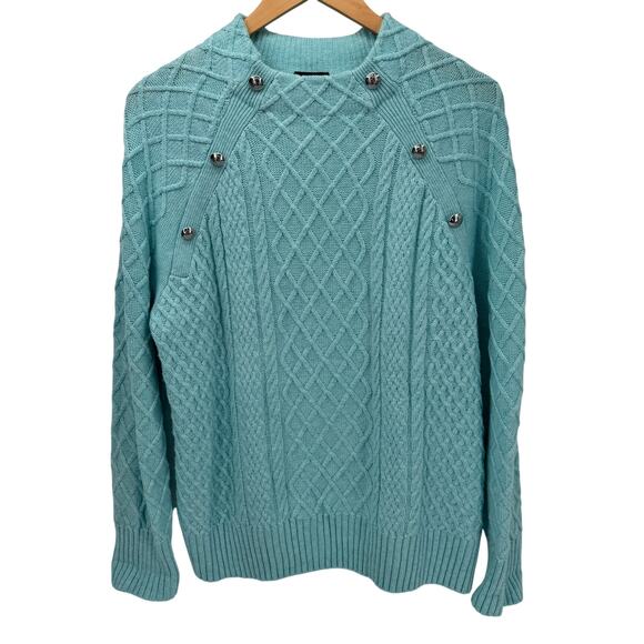 Talbots Sweater Womens Large Coastal Blue Cable Knit Mock Neck Button Detail - Picture 1 of 7